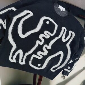 Threaded Leaf Dinosaur Sweater‎ Unisex XL Cozy Graphic Crewneck Knit Black White